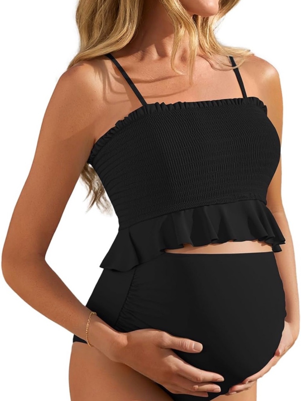 Maternity Smocked Ruffle Tankini Top and High-Waist Bottom - Black